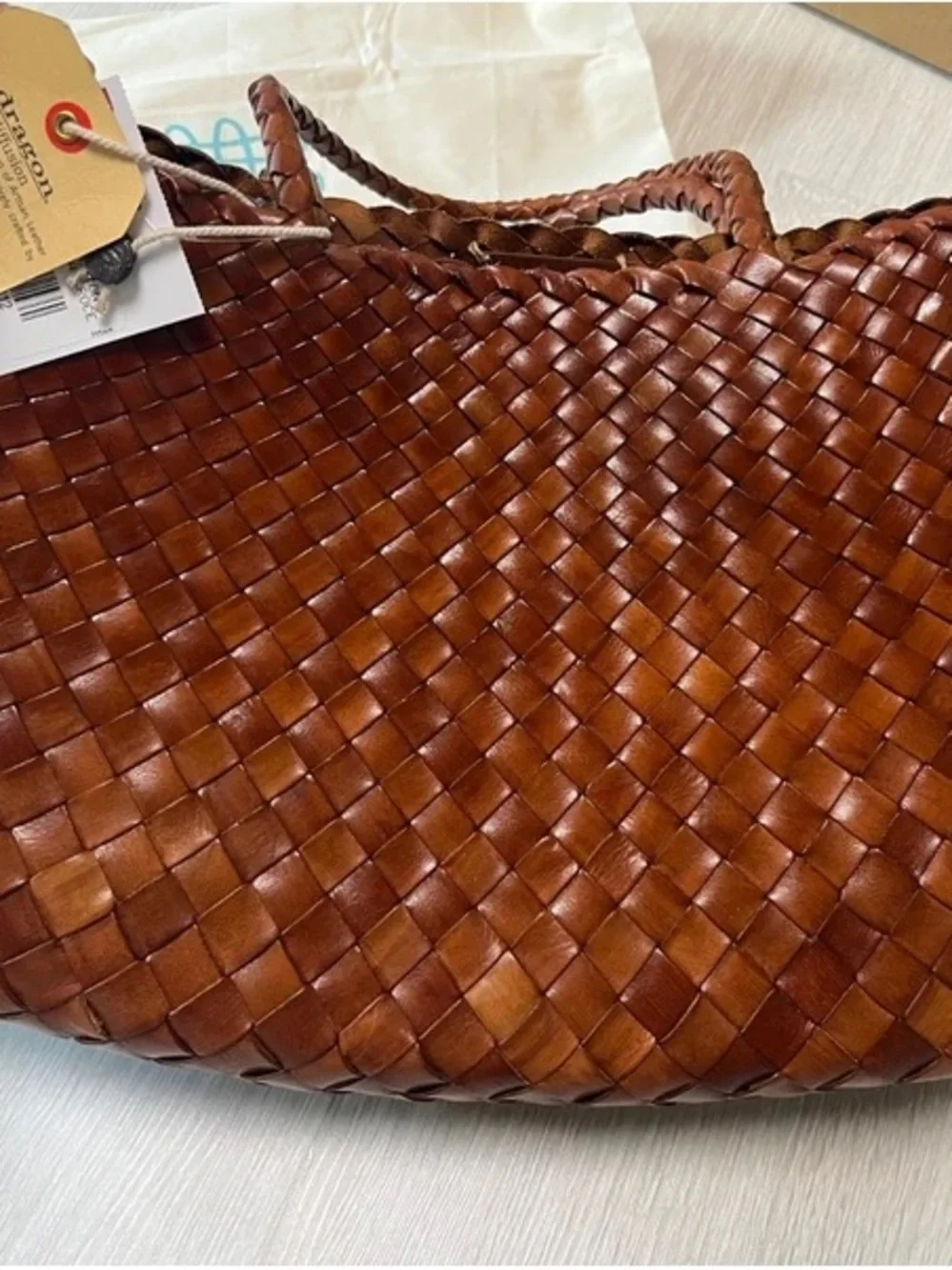 Dragon Diffusion Santa Croce Small Dark Brown Woven Leather Tote